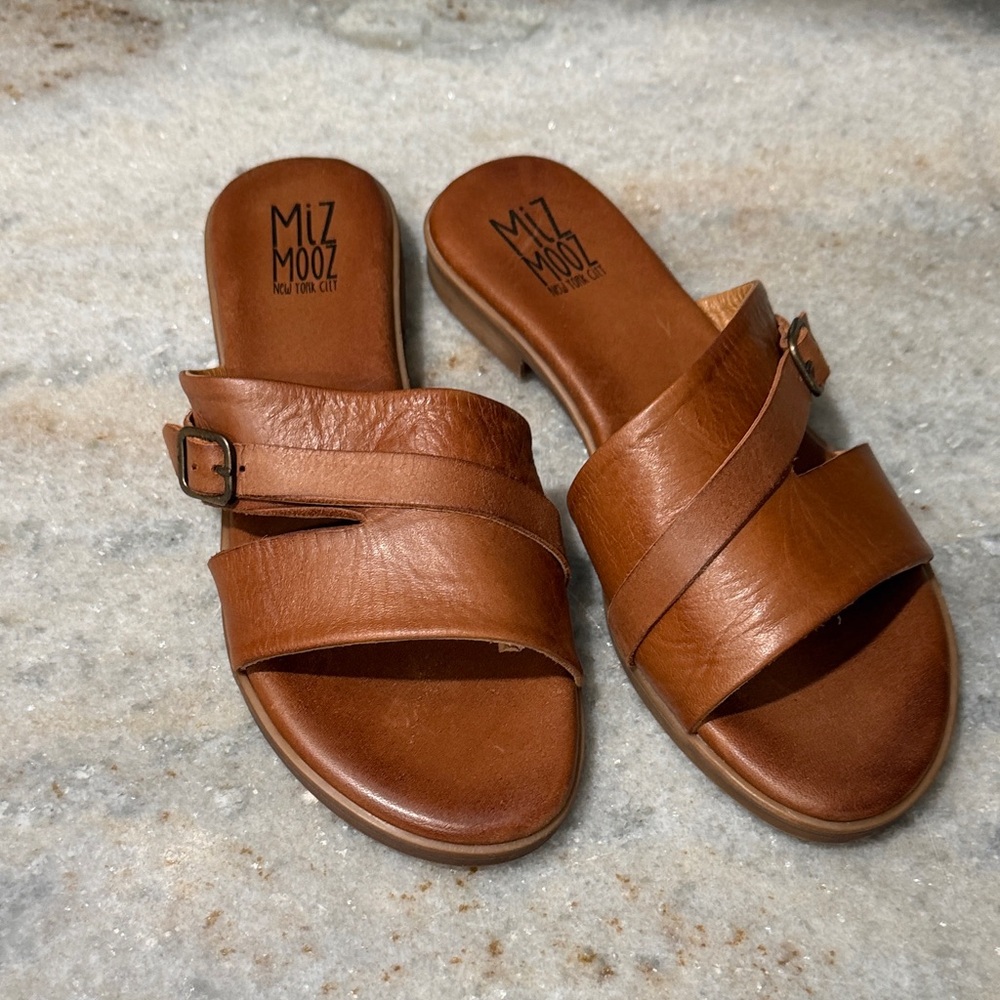 NWT Miz Mooz Cognac Leather Slide Mules with Buckle Detail